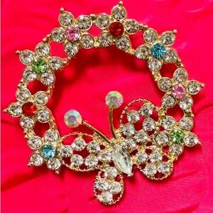 Elegant Gold Butterfly Brooch with Multicolor Crystals